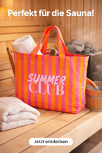 Load image into Gallery viewer, Love Gang - Strandtasche  Summer Club Aufdruck mit rosa orangen Streifen
