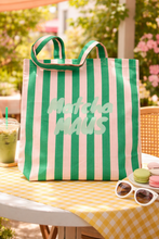 Lade das Bild in den Galerie-Viewer, Love Gang goes Matcha Maus - Streifen Beutel – Baumwoll Tote Bag in Grün &amp; Rosé
