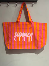 Load image into Gallery viewer, Love Gang - Strandtasche  Summer Club Aufdruck mit rosa orangen Streifen
