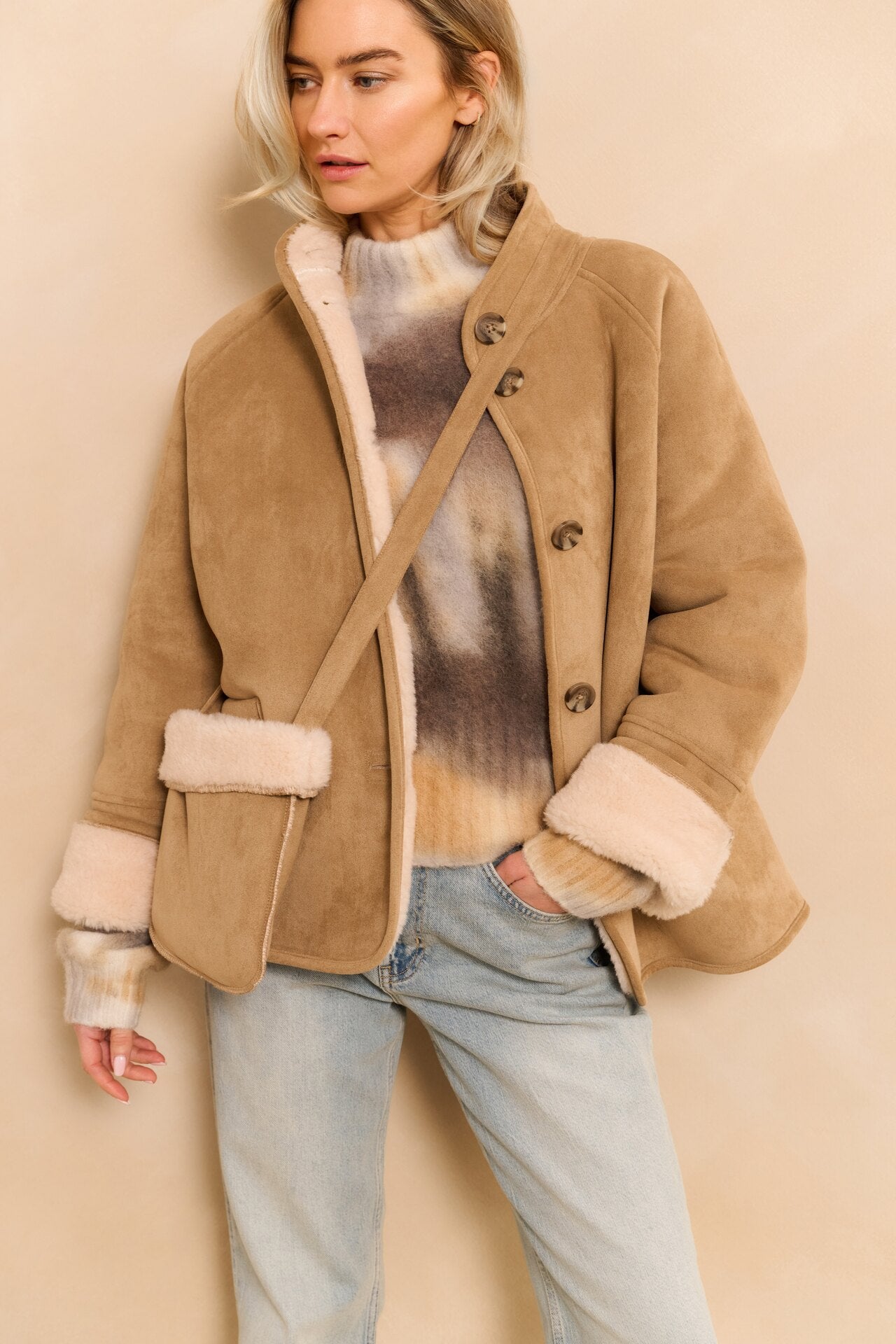 YAYA - Oversize Mantel in Lammfelloptik in Light Camel