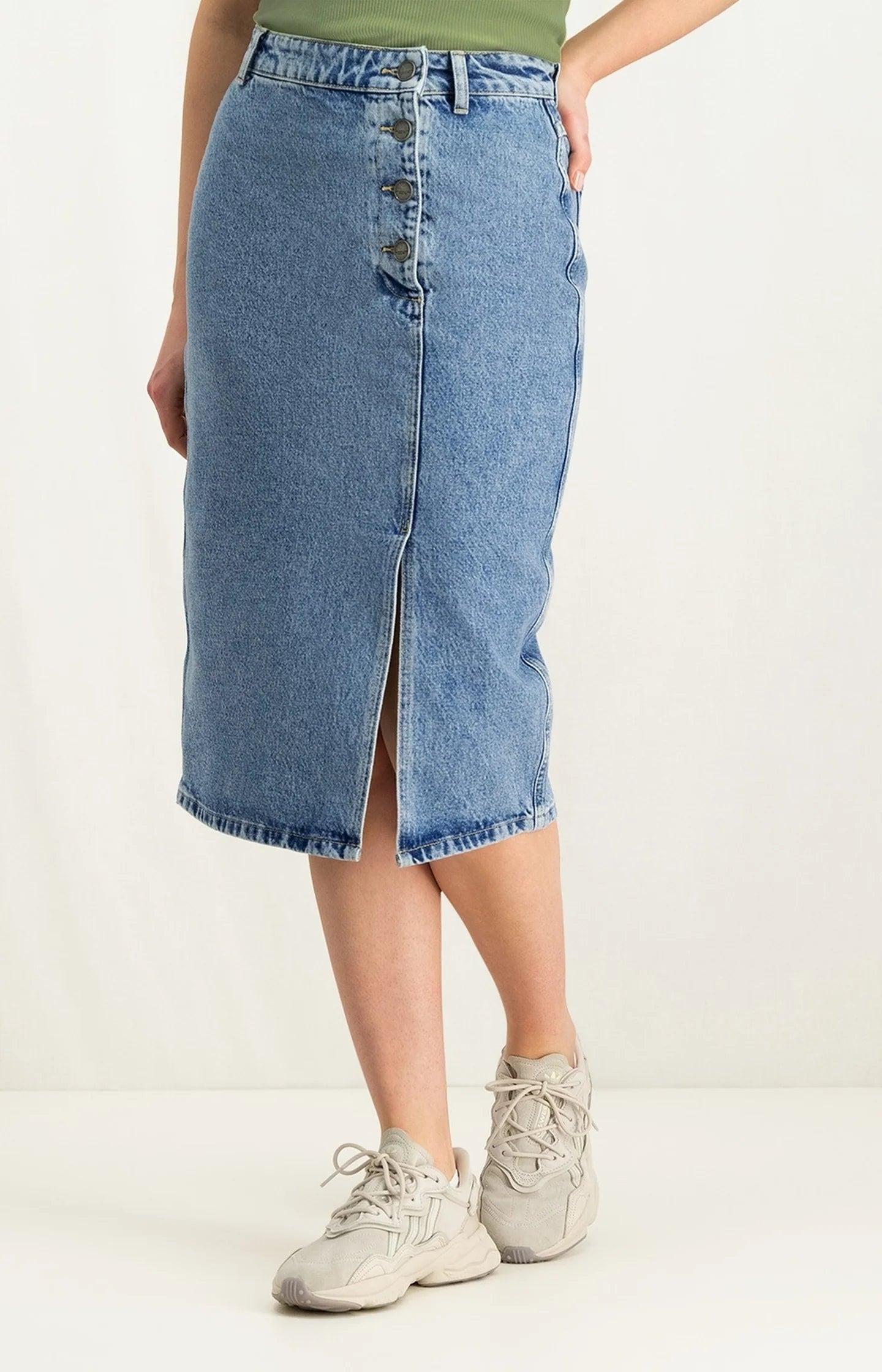 YAYA - Midi denim skirt with slit Blue Denim